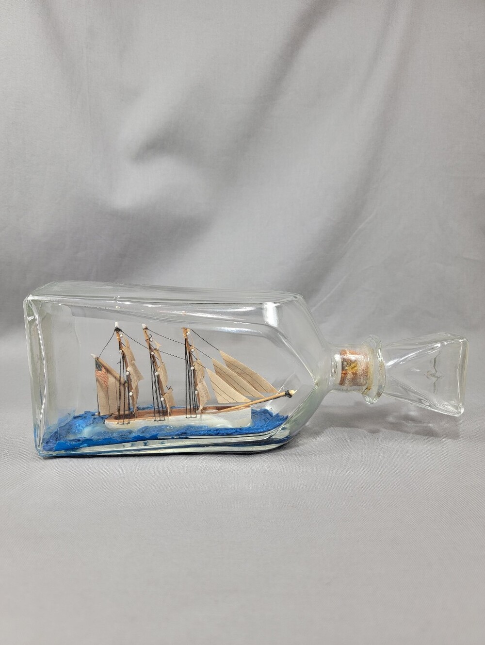 Vtg Handcrafted Ship in Bottle 3-Mast Sailing Ship Maritime Nautical Decor